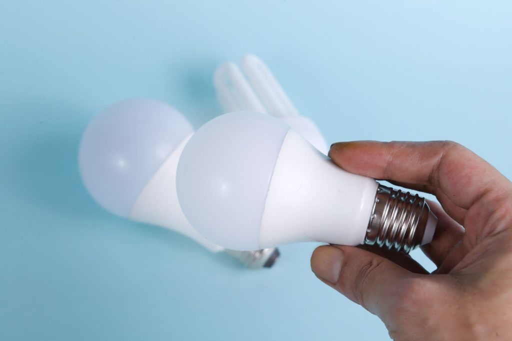 Hand holding energy-efficient LED light bulbs
