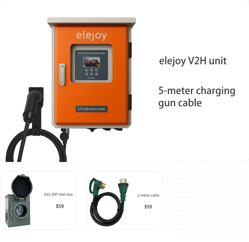 Elejoy V2H inverter with its 5-meter charging cable, plus the SS2-50P inlet box and 2-meter cable