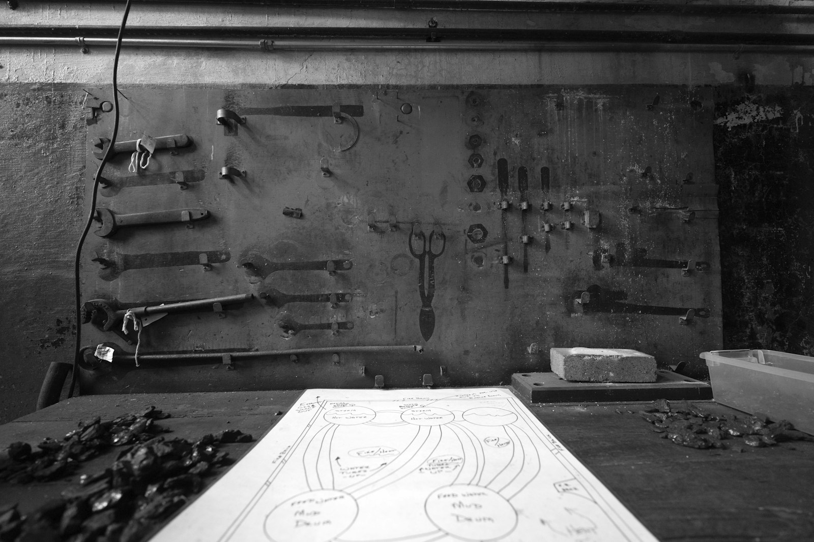 Hand tools hanging on a workshop wall above a workbench