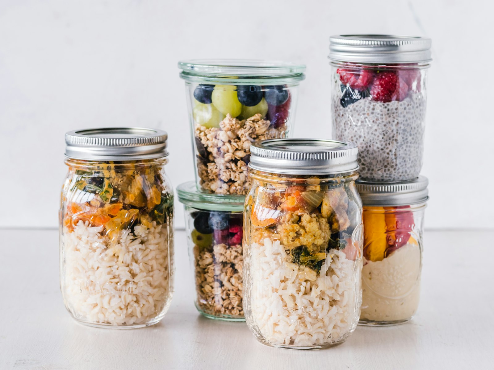 Glass food storage jars on a counter