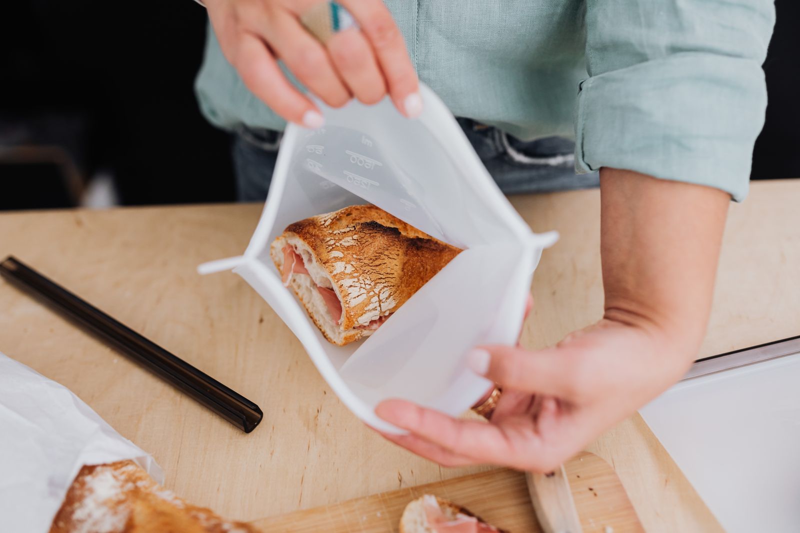 Bread stored in a reusable silicone food bag